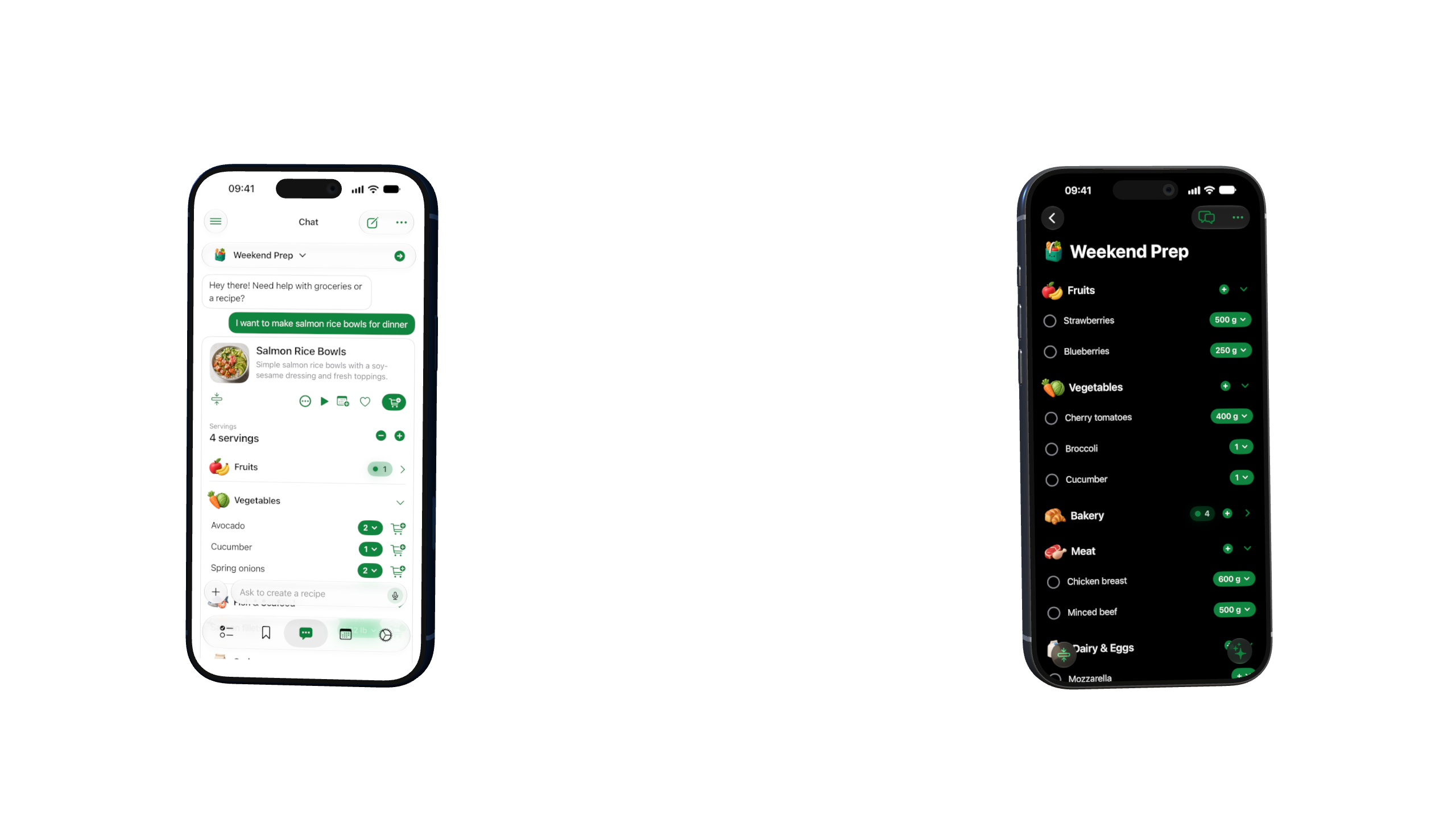 A deep-blue Listaroo chat phone and a silver categorized-list phone connected as one AI workflow.