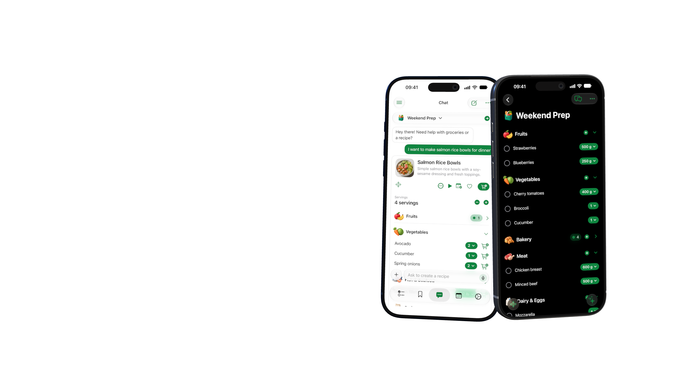 Listaroo AI chat on a deep-blue iPhone 17 Pro beside a categorized list on a silver iPhone 17 Pro.