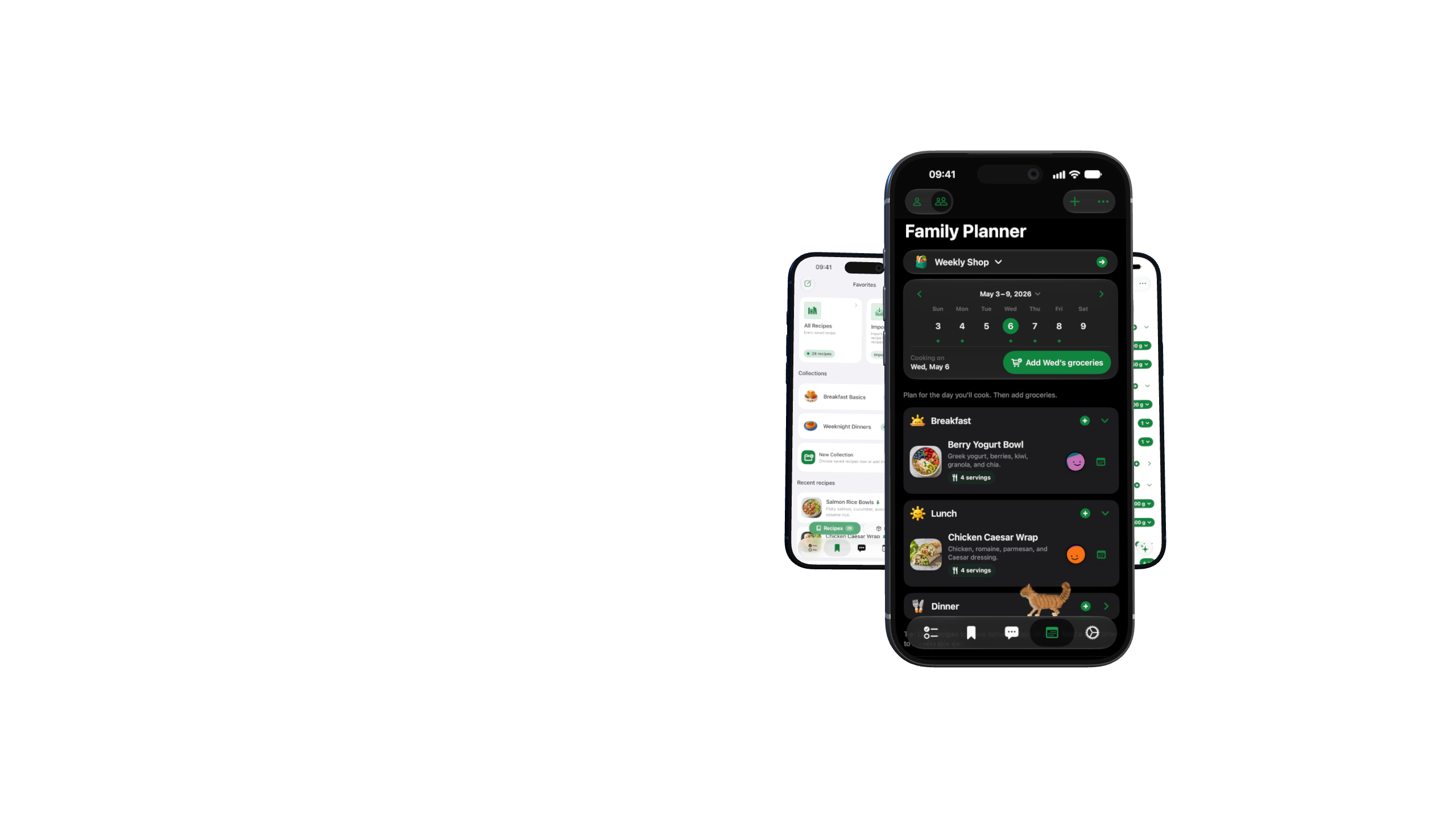 Three iPhone 17 Pro models showing a saved Listaroo recipe, meal planner, and grocery list as one connected flow.