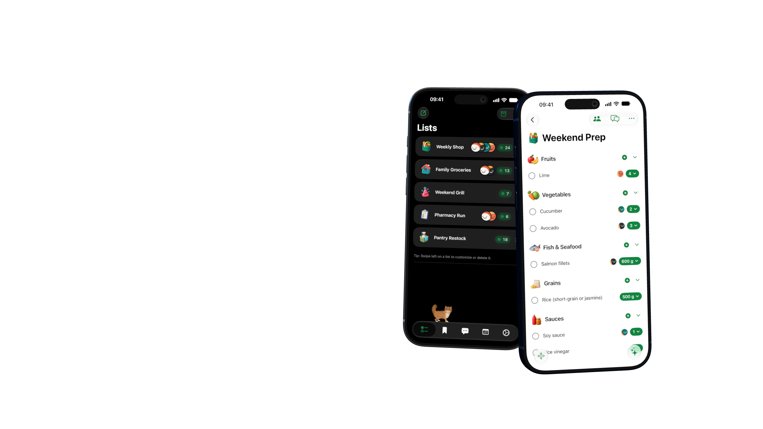 A deep-blue iPhone showing shared lists and member avatars beside a silver iPhone showing a shared grocery list.